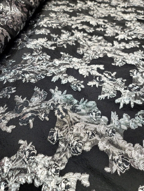 Black Organza Brocade Silver Floral Fabric