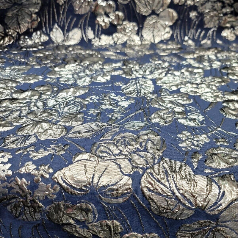 Brocade Jacquard Navy Blue Silver Floral