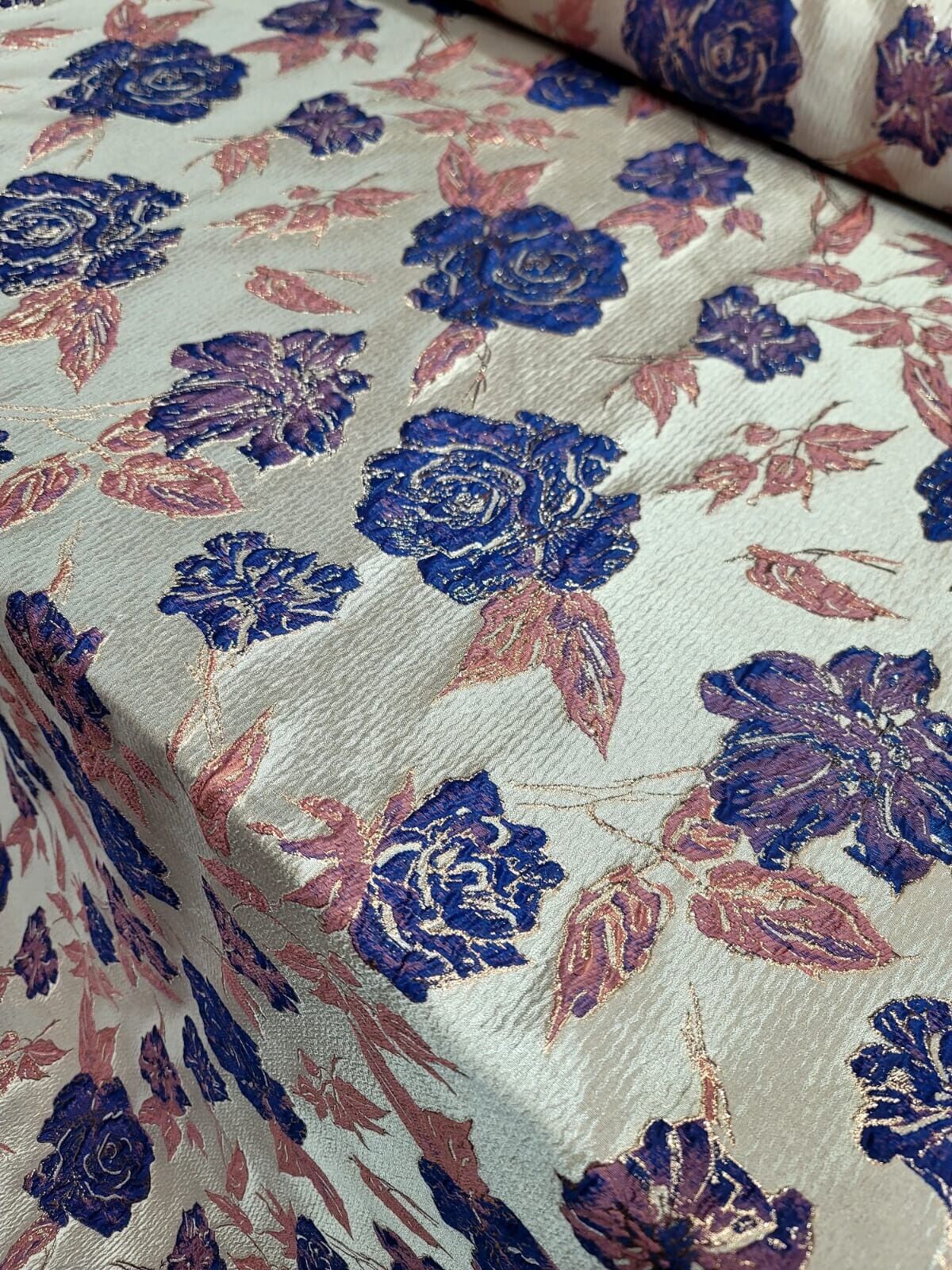 Brocade Jacquard Floral Metallic Fabric Royal Blue Pink