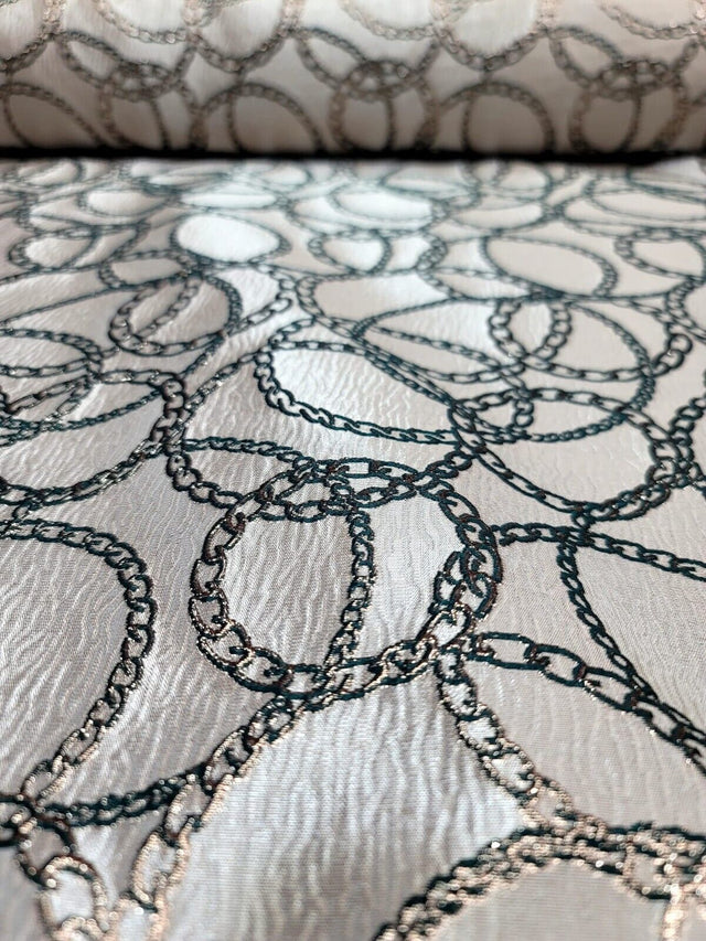 Brocade Jacquard Fabric Gold Metallic Chain Geometric Pattern