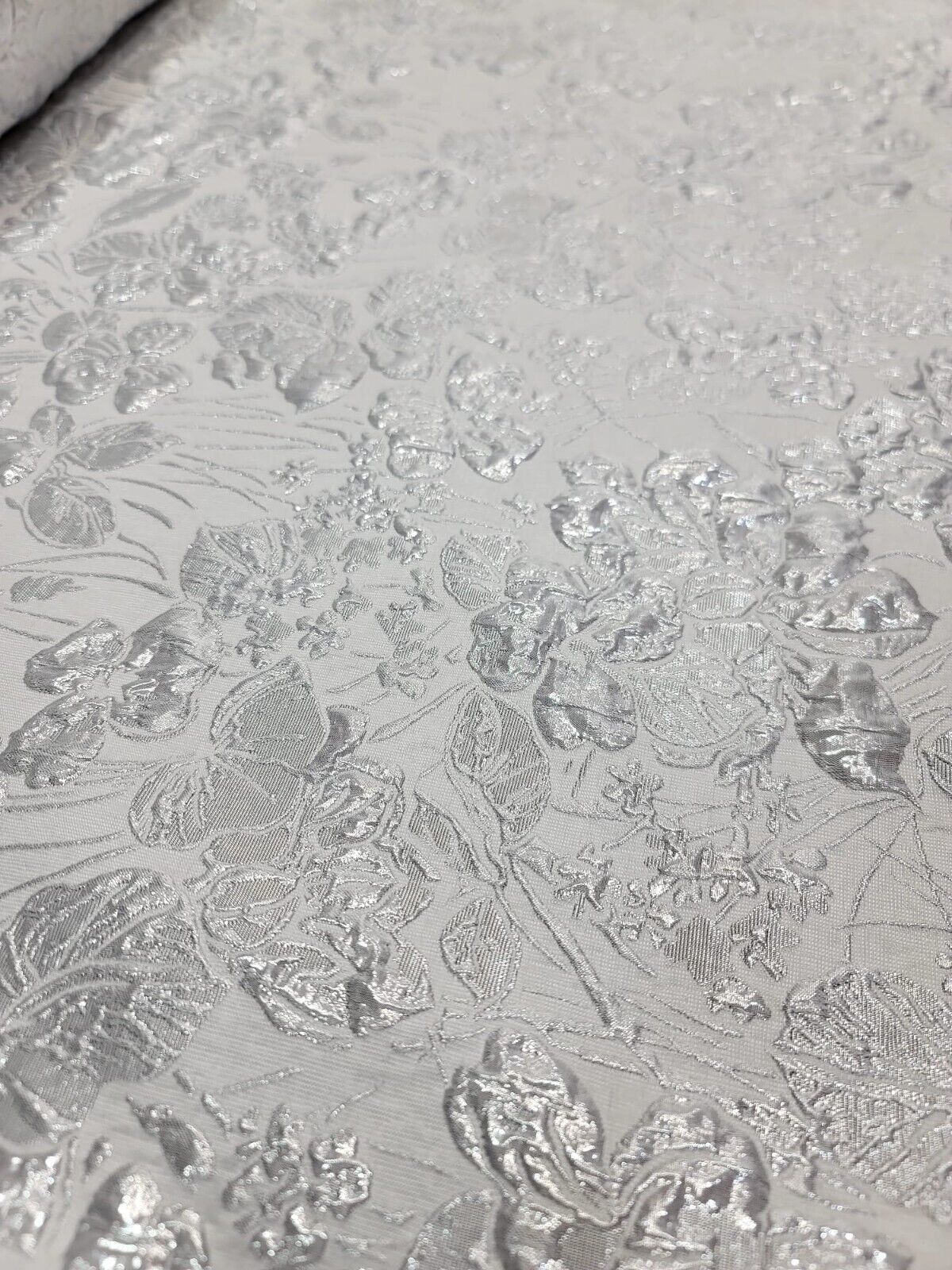 White Silver Floral Brocade Fabric