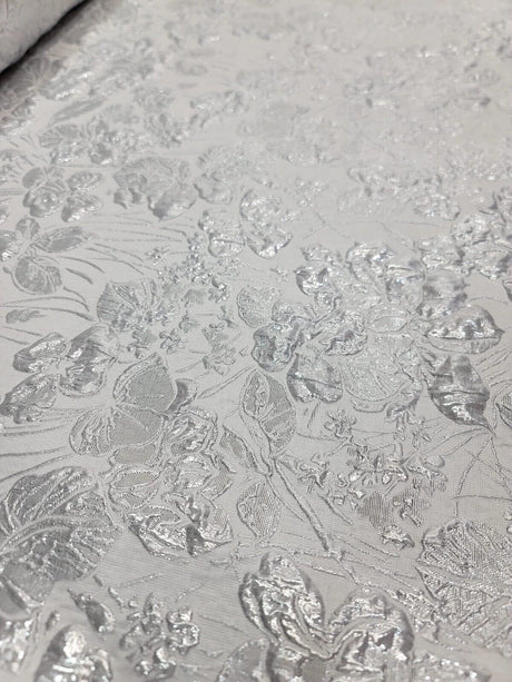 White Silver Floral Brocade Fabric