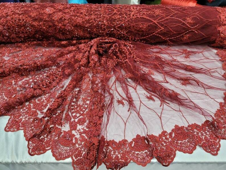 Beaded Lace Fabric Burgundy Floral Embroidery Mesh
