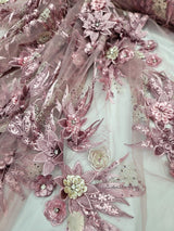 3D Embroidery Lace Fabric Dusty Rose