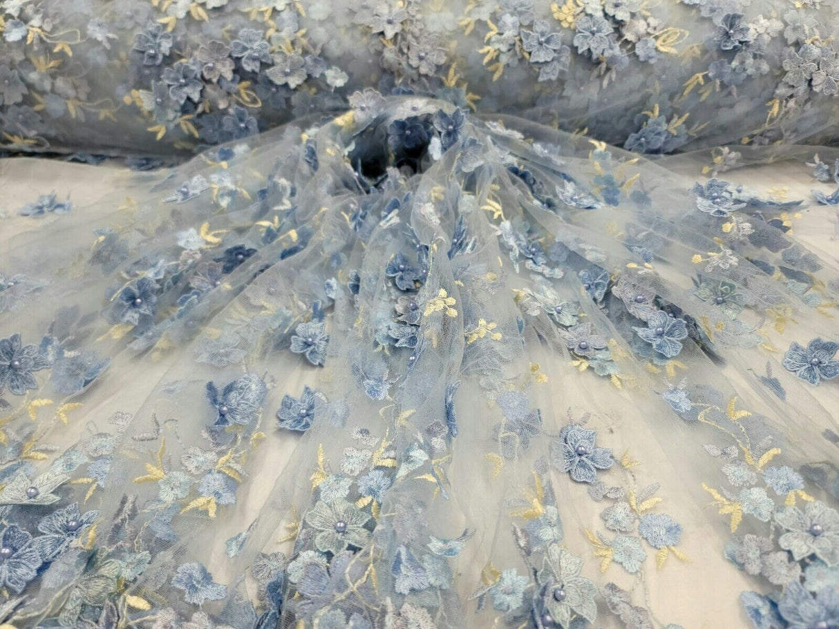 3D Floral Lace on Mesh Sky Blue and Light Yellow