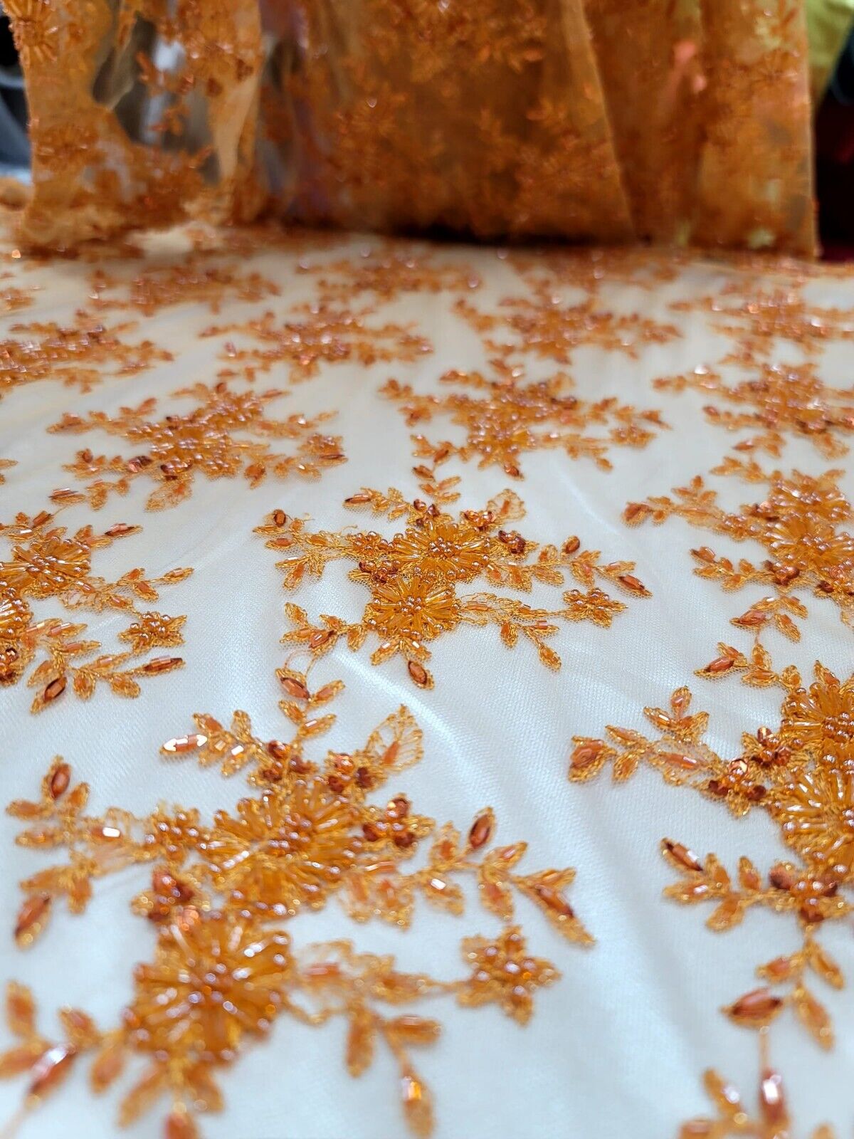 Orange Embroidery Lace Beaded Floral Fabric