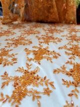Orange Embroidery Lace Beaded Floral Fabric
