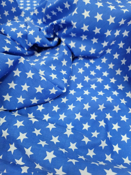 Cotton Fabric White Stars Sky Blue Background