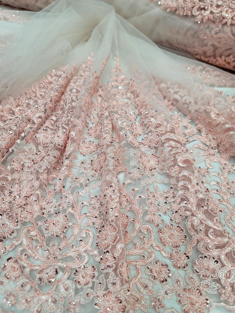 Blush Pink Sequined Embroidery Lace Fabric