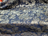 Brocade Jacquard Navy Blue Silver Floral