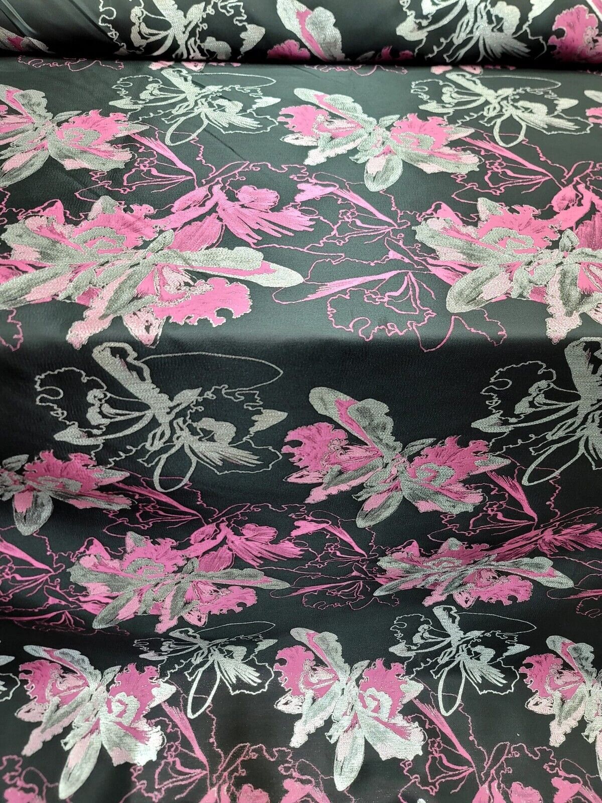 Brocade Jacquard Floral Fabric Pink Fuchsia Silver Black