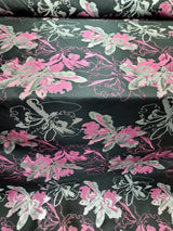 Brocade Jacquard Floral Fabric Pink Fuchsia Silver Black