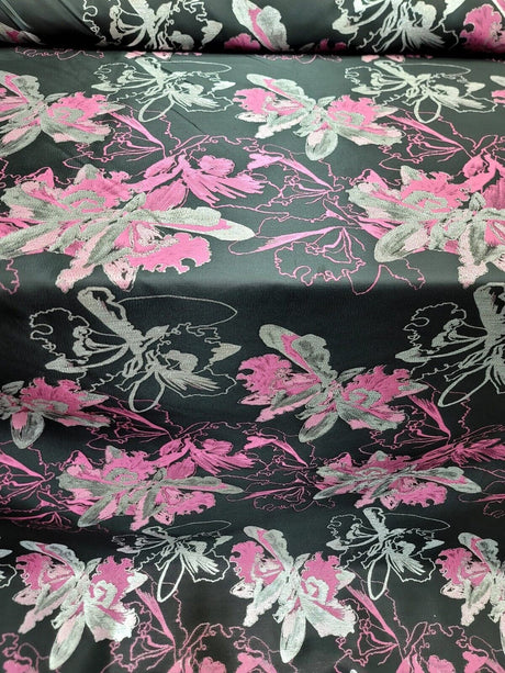 Brocade Jacquard Floral Fabric Pink Fuchsia Silver Black