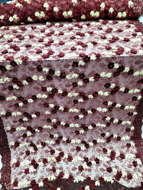 3D Floral Lace Burgundy Ivory Embroidered Mesh Fabric