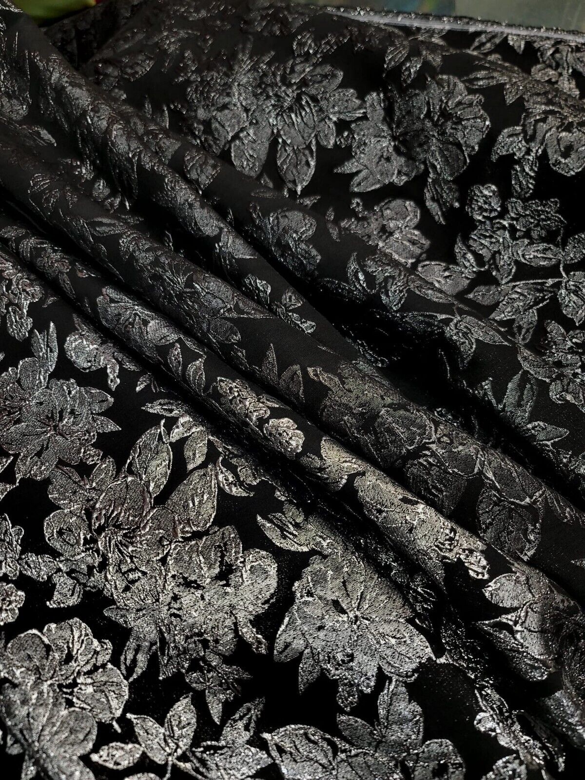 Brocade Jacquard Silver Floral on Black