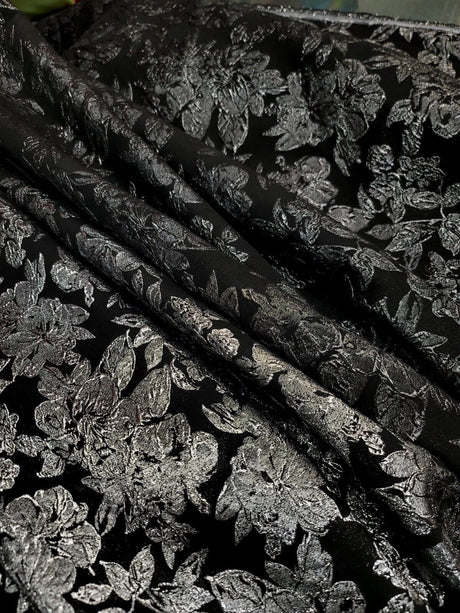 Brocade Jacquard Silver Floral on Black