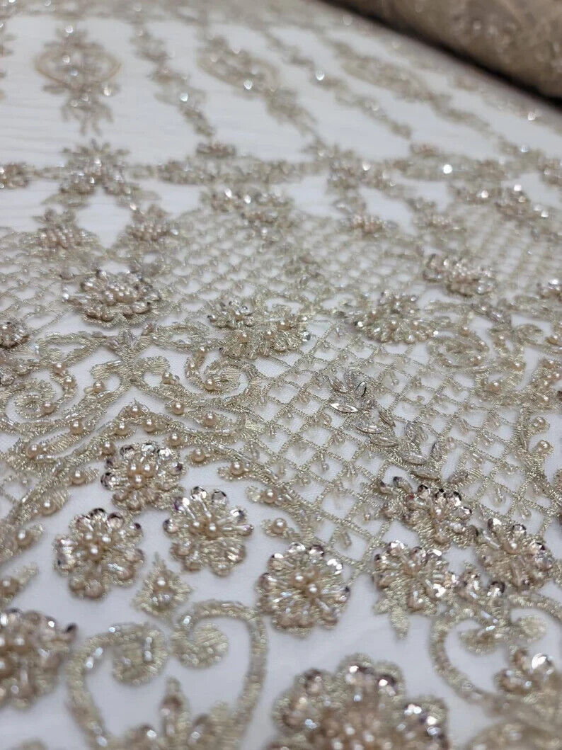 Beaded Lace Embroidery Floral Champagne