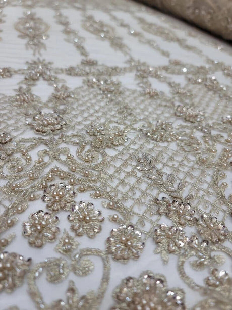 Beaded Lace Embroidery Floral Champagne