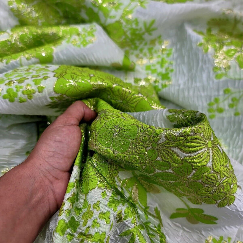 Metallic Lime Green Floral Brocade on White Organza