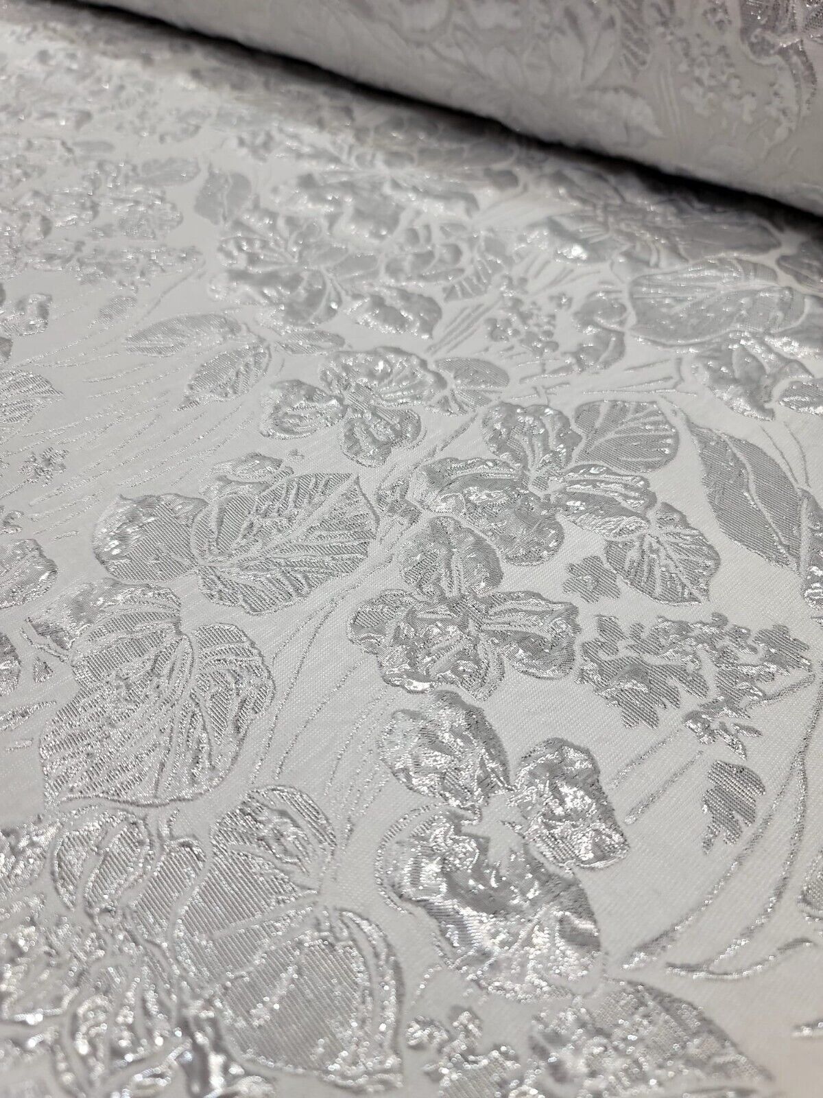 White Silver Floral Brocade Fabric