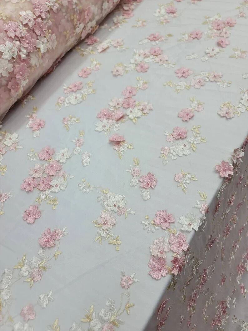 3D Floral Lace on Mesh Pink and Blush
