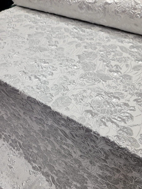 White Silver Floral Brocade Fabric