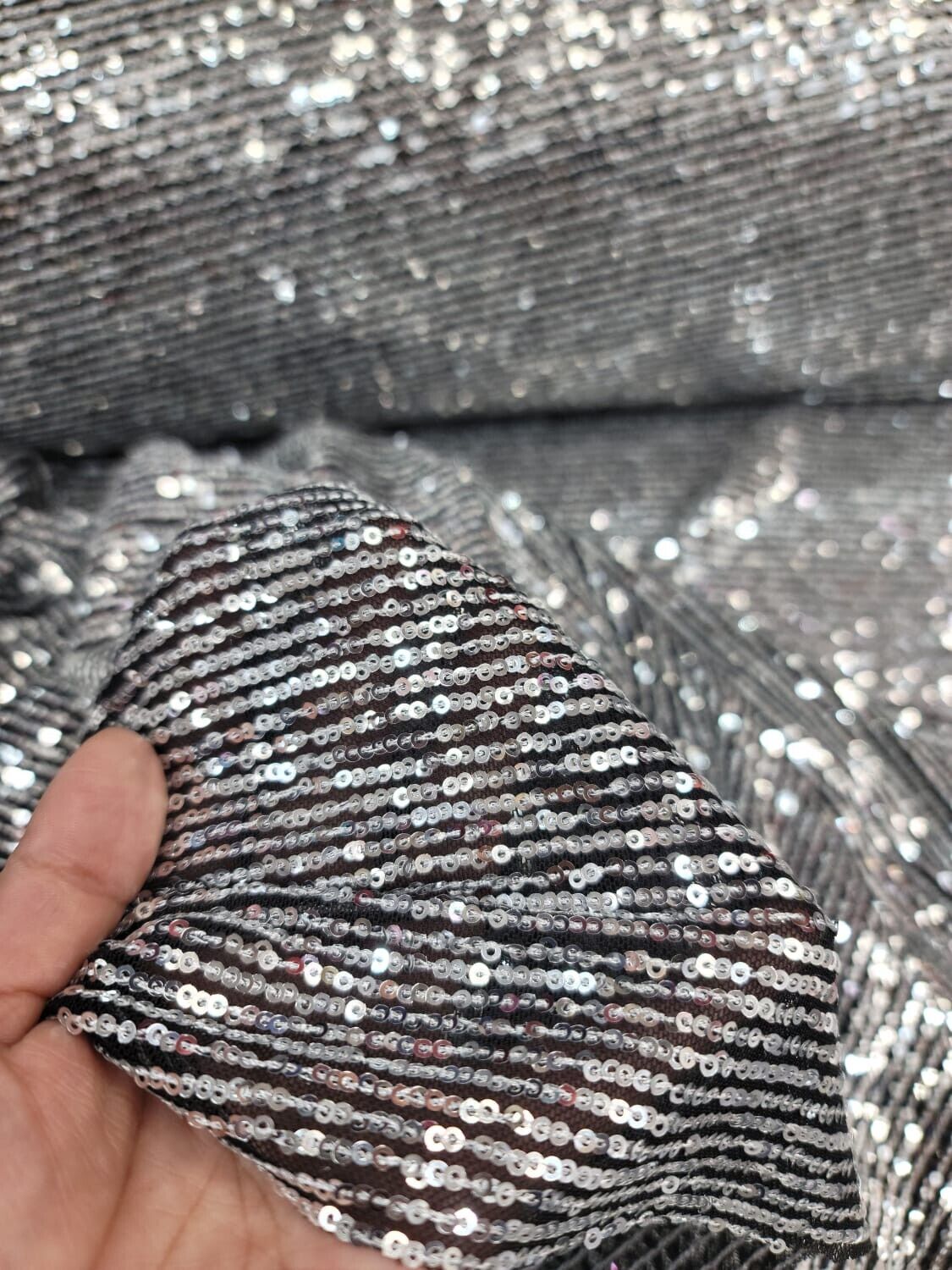 Sequin Stretch Mesh Fabric Silver on Black
