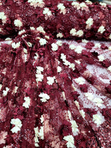 3D Floral Lace Burgundy Ivory Embroidered Mesh Fabric