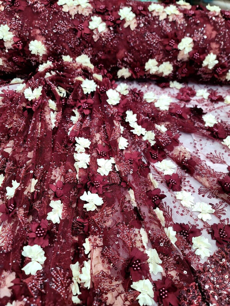 3D Floral Lace Burgundy Ivory Embroidered Mesh Fabric