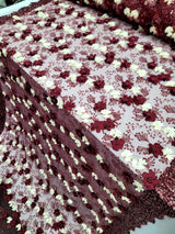 3D Floral Lace Burgundy Ivory Embroidered Mesh Fabric