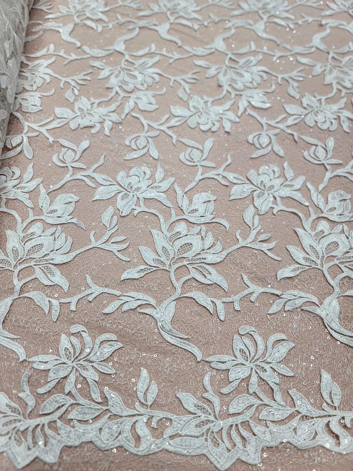 White Embroidery Lace Guipure Floral Sequin Mesh