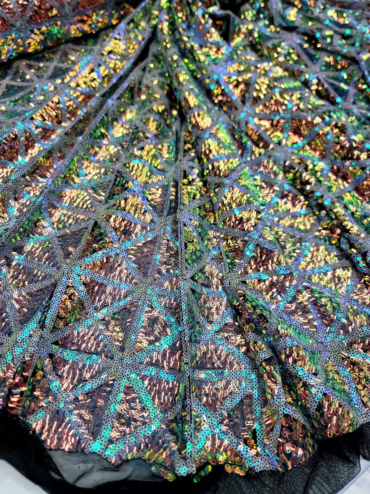 Sequin Stretch Mesh Fabric Green Blue Iridescent on Black