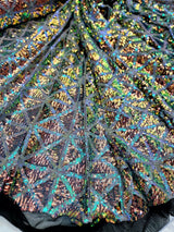 Sequin Stretch Mesh Fabric Green Blue Iridescent on Black