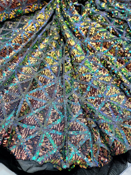 Sequin Stretch Mesh Fabric Green Blue Iridescent on Black