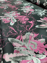 Brocade Jacquard Floral Fabric Pink Fuchsia Silver Black