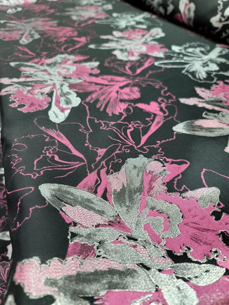 Brocade Jacquard Floral Fabric Pink Fuchsia Silver Black