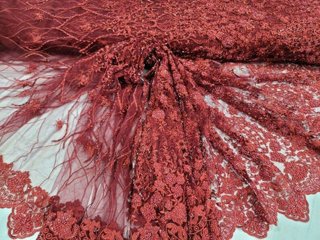 Beaded Lace Fabric Burgundy Floral Embroidery Mesh