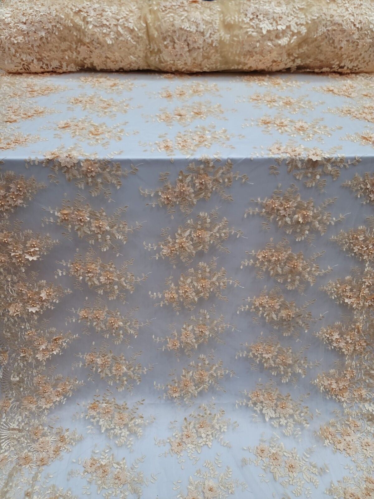Beaded 3D Floral Lace Pale Yellow