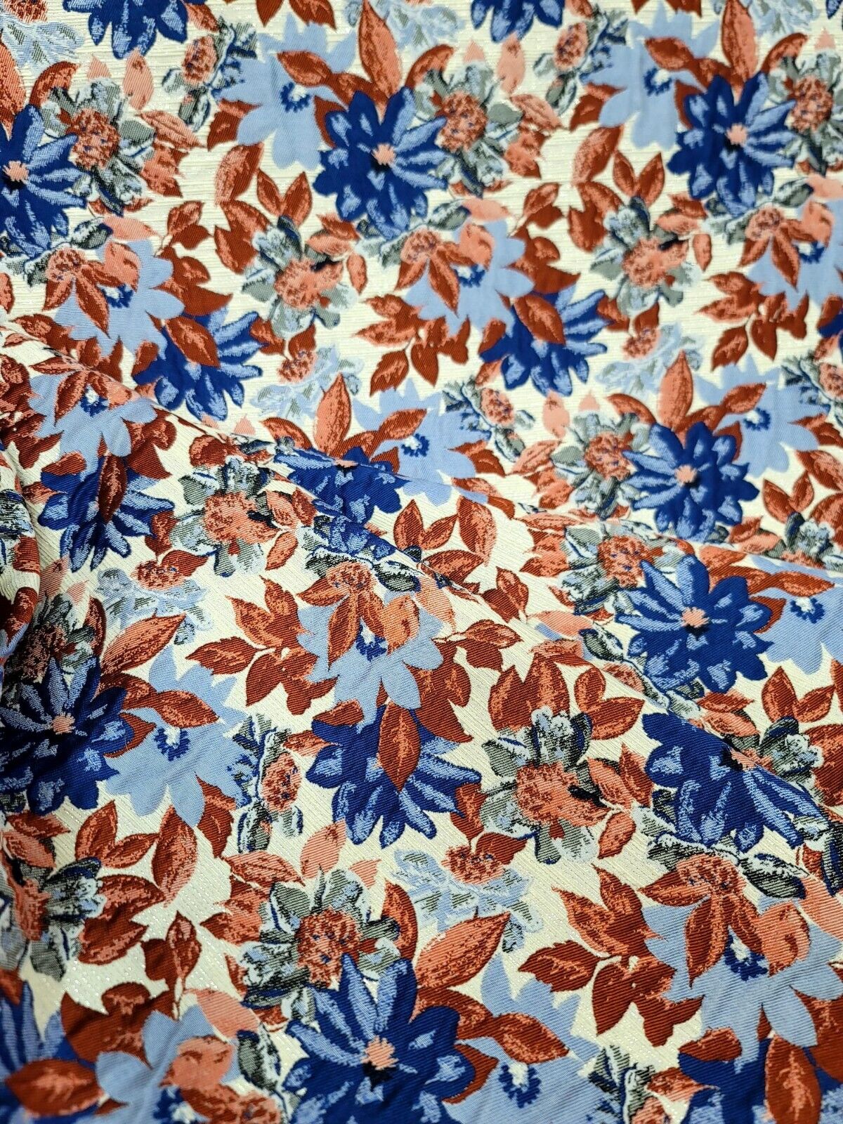 Brocade Jacquard Floral Chenille Fabric Blue Maroon Coral