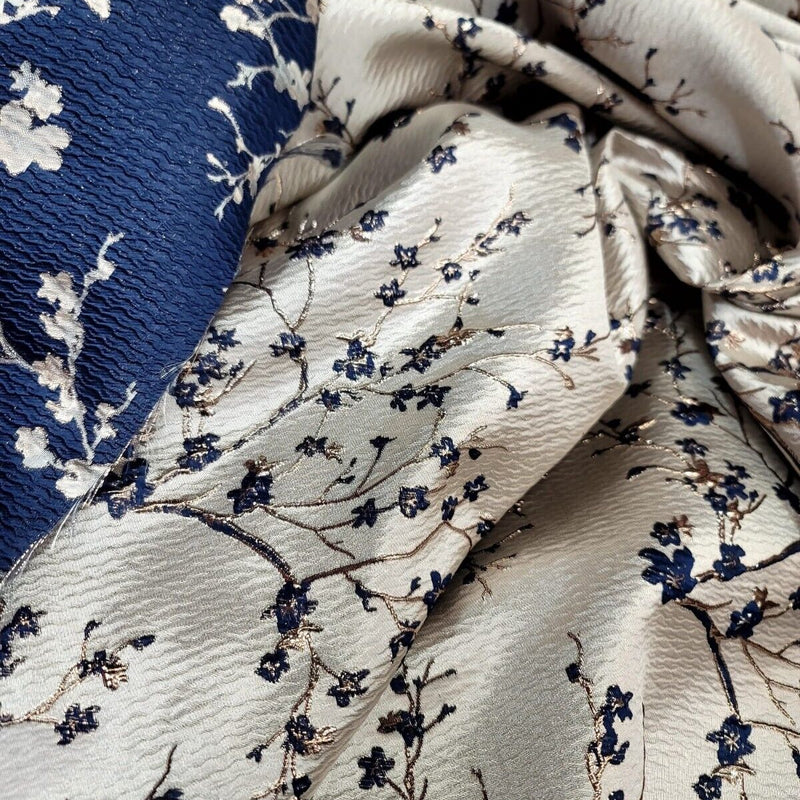 Brocade Jacquard Navy Blue Metallic Rose Gold Floral