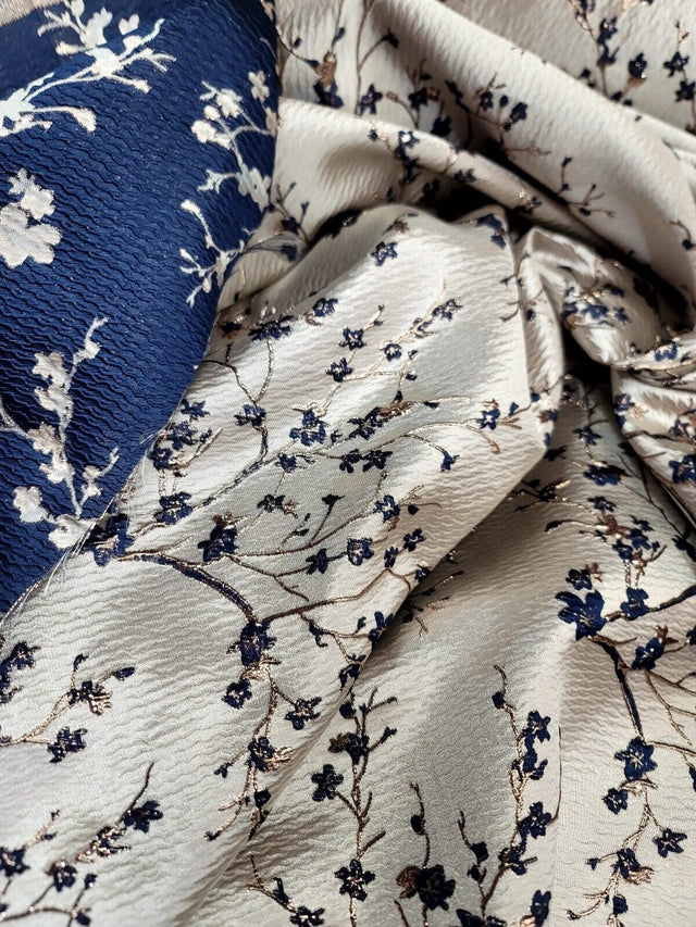 Brocade Jacquard Navy Blue Metallic Rose Gold Floral