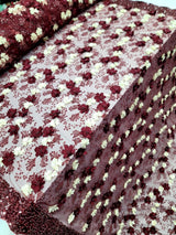 3D Floral Lace Burgundy Ivory Embroidered Mesh Fabric