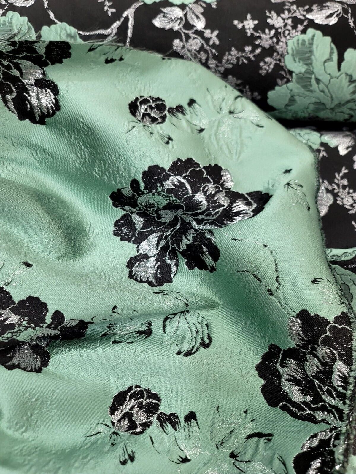 Brocade Jacquard Floral Fabric Sage Green Silver Black
