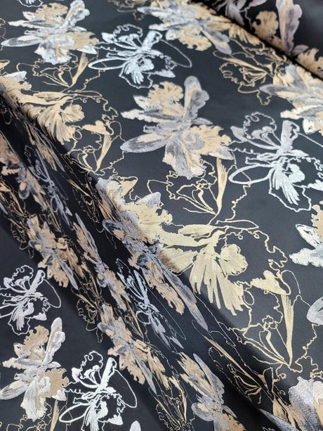 Brocade Jacquard Floral Fabric Gold Silver Black