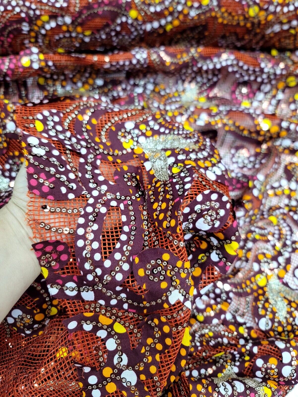 Maroon Sequins Embroidery Fish Net Lace