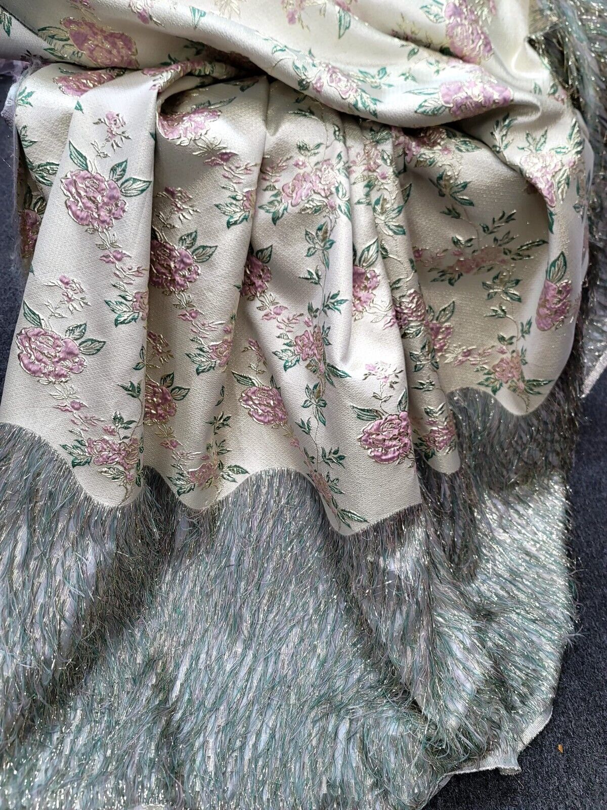 Brocade Jacquard Metallic Eyelash Fabric Sage Pink Gold