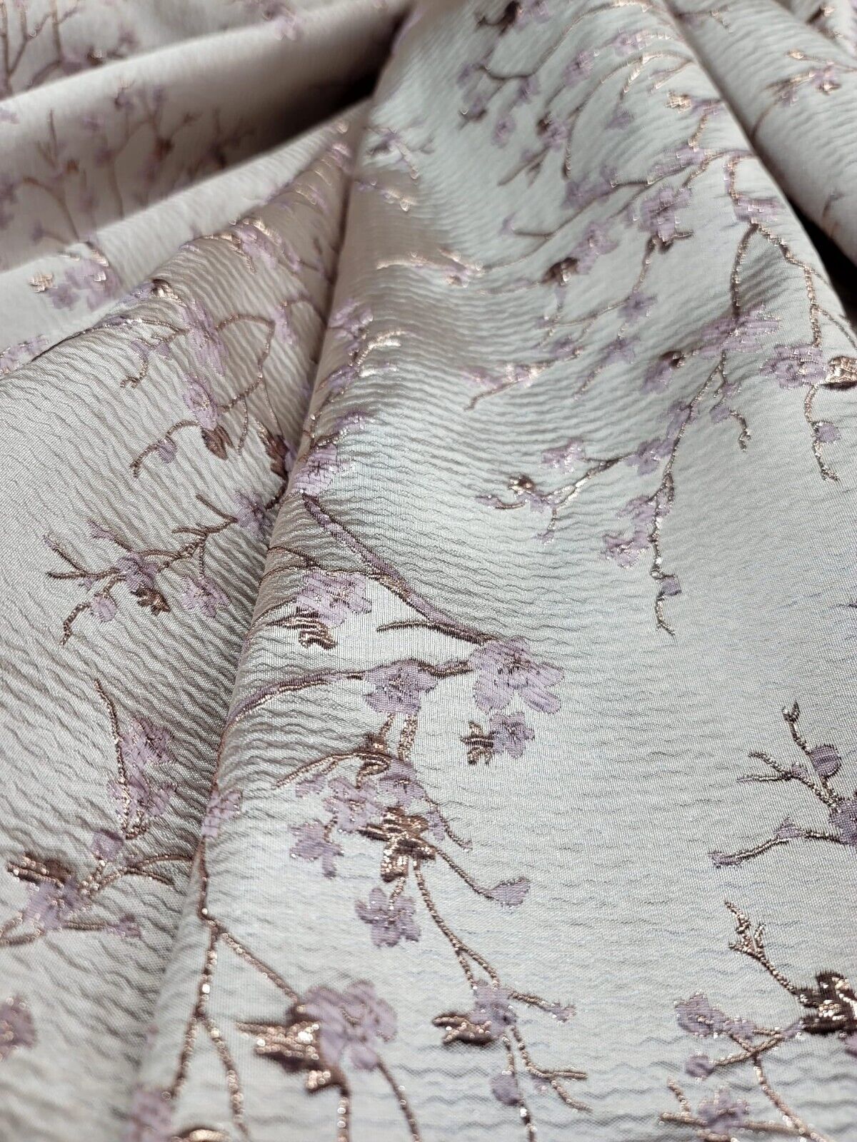 Metallic Floral Brocade Fabric Beige Pink Flowers