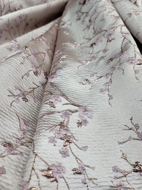 Metallic Floral Brocade Fabric Beige Pink Flowers