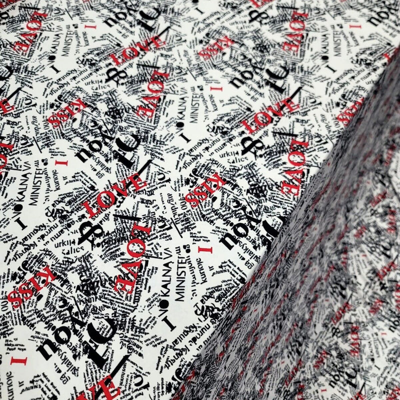 Rayon Jersey Spandex Knit Fabric - Newspaper Love Kiss Print