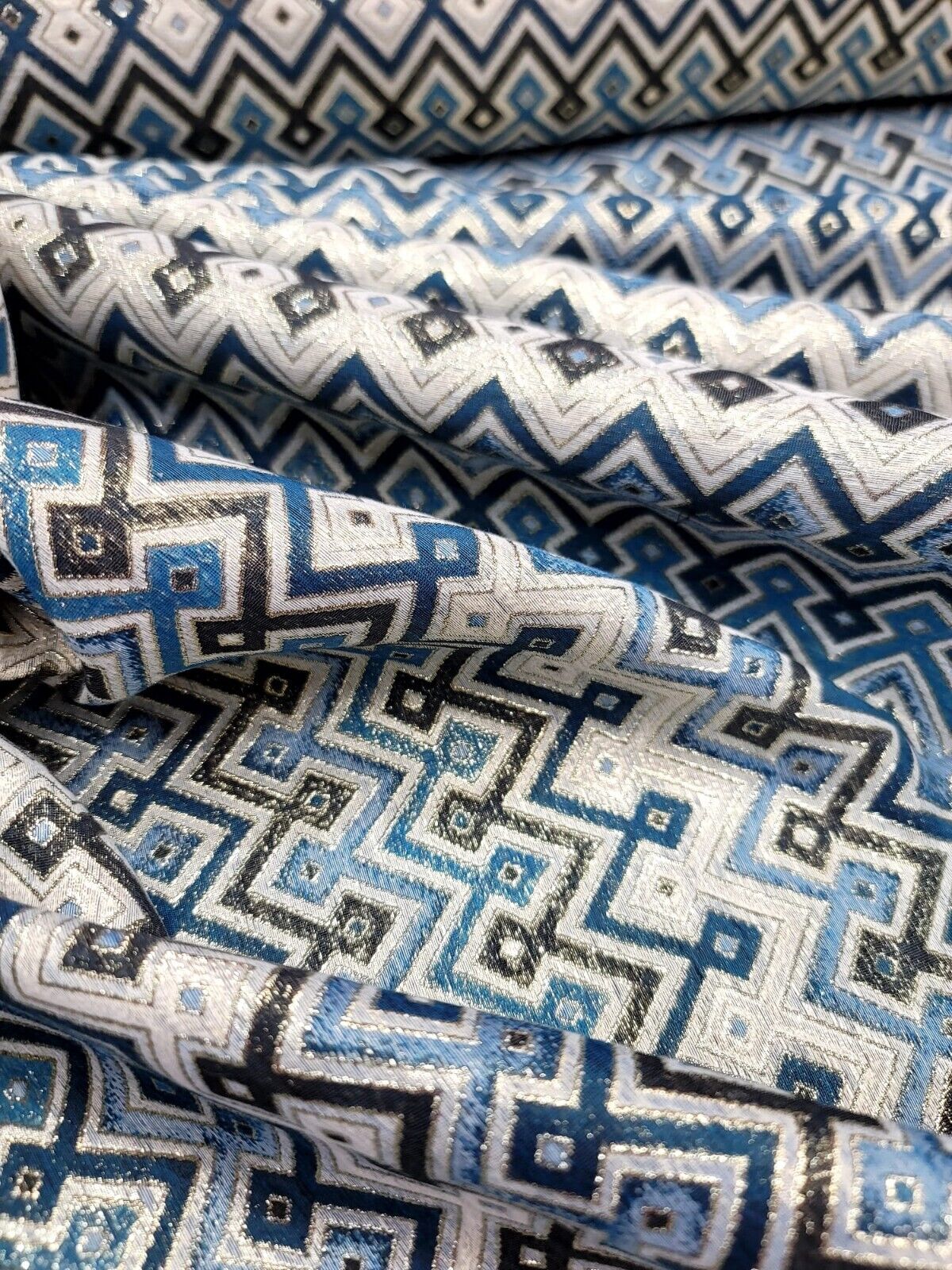 Brocade Jacquard Teal Metallic Geometric Fabric
